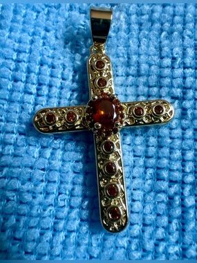 Gold Plated Cross Pendant with Orange Red Gemstones - Elegant Women's Jewelry
